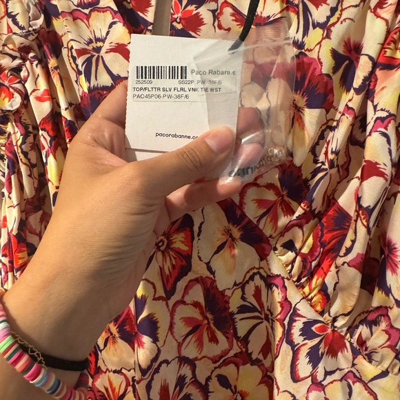 Paco Rabanne Sunny Pansy Print Cape-sleeve Satin top - Picture 3 of 5